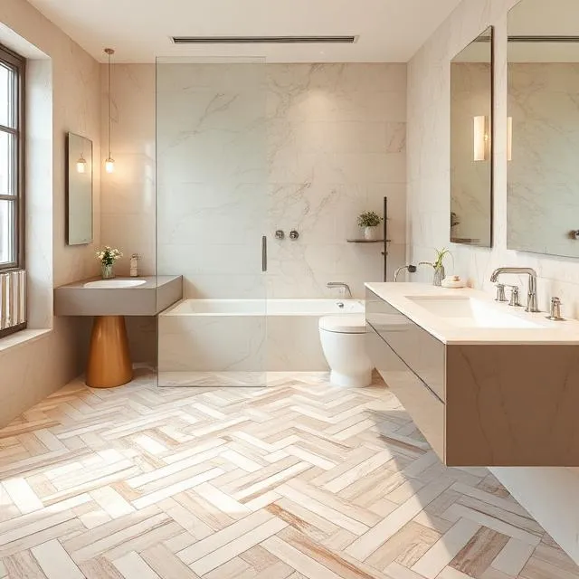 Herringbone marble bathroom floor
